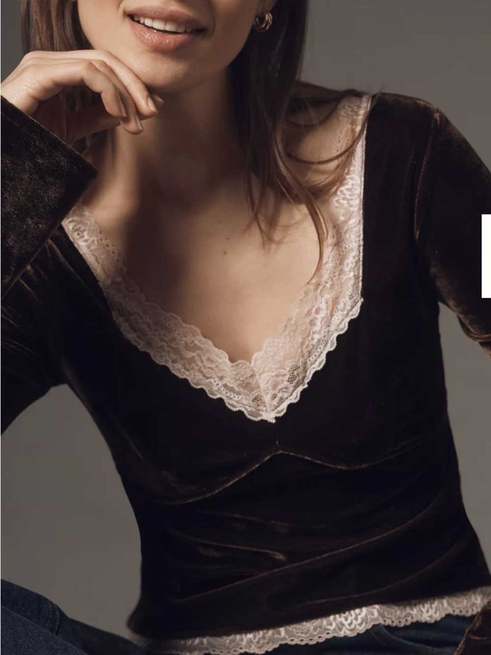 Anthropologie Velvet Lace Long Sleeve Top - Brown with Cream Lace